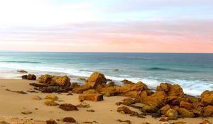 Preview wallpaper beach, sand, stones, sea, landscape