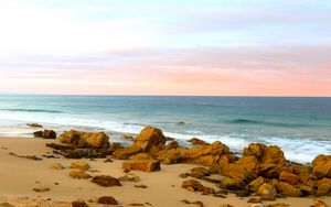 Preview wallpaper beach, sand, stones, sea, landscape