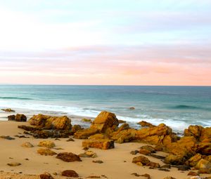 Preview wallpaper beach, sand, stones, sea, landscape