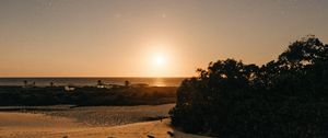 Preview wallpaper beach, sand, sunset, twilight, sun, horizon, bushes