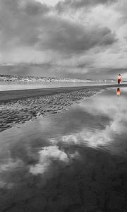 Preview wallpaper beach, sand, water, person, silhouette, black-and-white