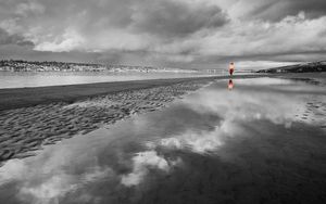 Preview wallpaper beach, sand, water, person, silhouette, black-and-white