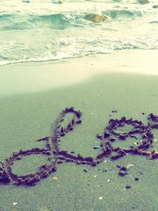 Preview wallpaper beach, sand, waves, inscription, love