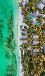 Preview wallpaper beach, sea, aerial view, palm trees, bungalow