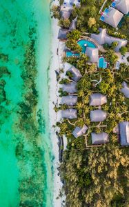 Preview wallpaper beach, sea, aerial view, palm trees, bungalow