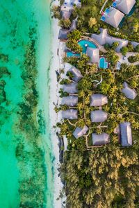 Preview wallpaper beach, sea, aerial view, palm trees, bungalow