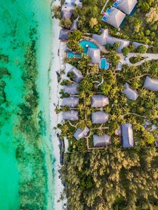 Preview wallpaper beach, sea, aerial view, palm trees, bungalow