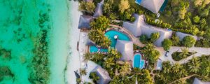 Preview wallpaper beach, sea, aerial view, palm trees, bungalow