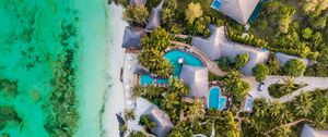 Preview wallpaper beach, sea, aerial view, palm trees, bungalow