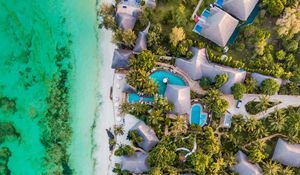 Preview wallpaper beach, sea, aerial view, palm trees, bungalow