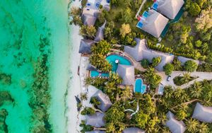 Preview wallpaper beach, sea, aerial view, palm trees, bungalow