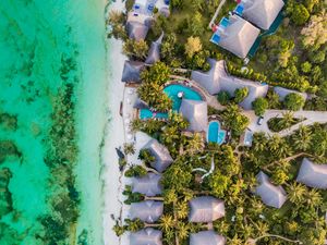 Preview wallpaper beach, sea, aerial view, palm trees, bungalow