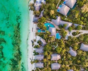 Preview wallpaper beach, sea, aerial view, palm trees, bungalow