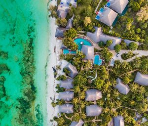 Preview wallpaper beach, sea, aerial view, palm trees, bungalow