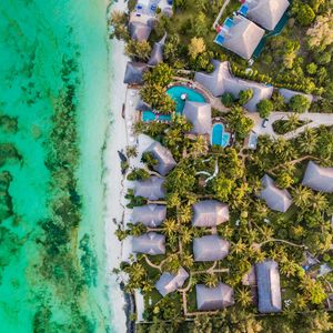 Preview wallpaper beach, sea, aerial view, palm trees, bungalow