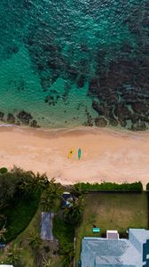 Preview wallpaper beach, sea, aerial view, boats, palm trees