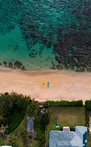 Preview wallpaper beach, sea, aerial view, boats, palm trees