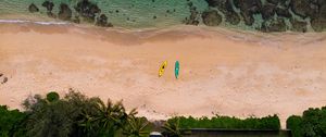 Preview wallpaper beach, sea, aerial view, boats, palm trees