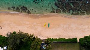 Preview wallpaper beach, sea, aerial view, boats, palm trees