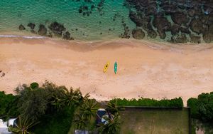 Preview wallpaper beach, sea, aerial view, boats, palm trees