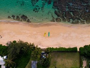 Preview wallpaper beach, sea, aerial view, boats, palm trees