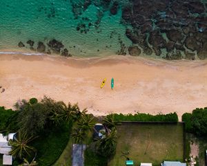 Preview wallpaper beach, sea, aerial view, boats, palm trees