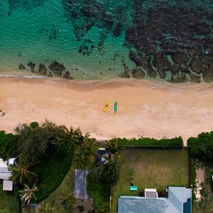 Preview wallpaper beach, sea, aerial view, boats, palm trees