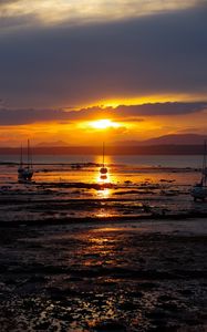 Preview wallpaper beach, sea, boats, sunset, dusk