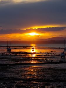 Preview wallpaper beach, sea, boats, sunset, dusk