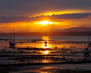 Preview wallpaper beach, sea, boats, sunset, dusk