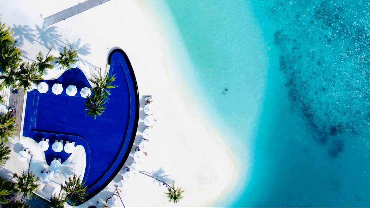 Wallpaper beach, sea, bungalow, aerial view, tropical