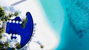 Preview wallpaper beach, sea, bungalow, aerial view, tropical