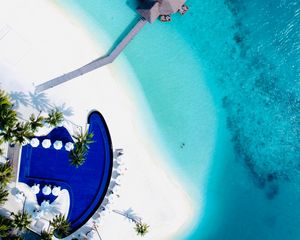 Preview wallpaper beach, sea, bungalow, aerial view, tropical