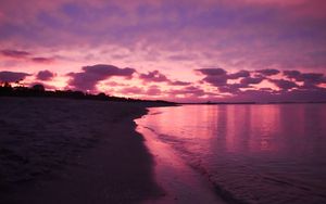 Preview wallpaper beach, sea, clouds, sunset, purple