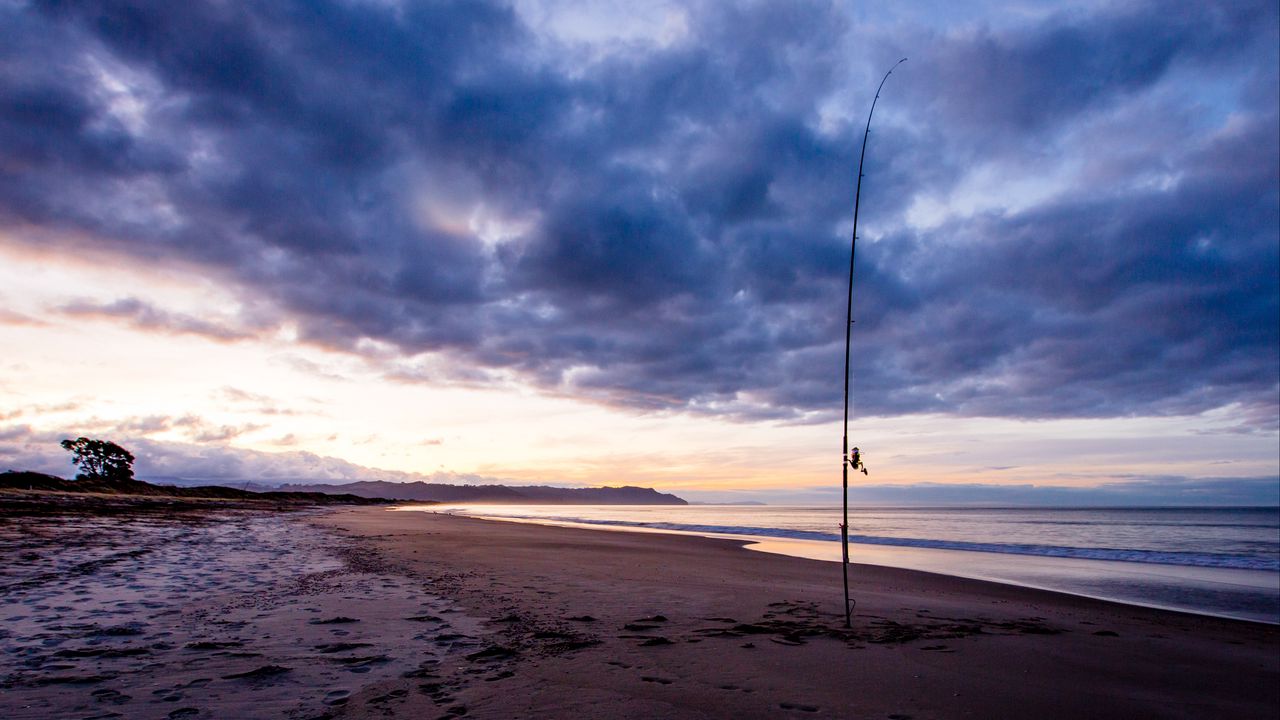 Wallpaper beach, sea, fishing rod, fishing, twilight