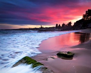 Preview wallpaper beach, sea, foam, sunset