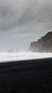 Preview wallpaper beach, sea, fog, rocks, coast, landscape