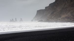 Preview wallpaper beach, sea, fog, rocks, coast, landscape