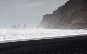 Preview wallpaper beach, sea, fog, rocks, coast, landscape