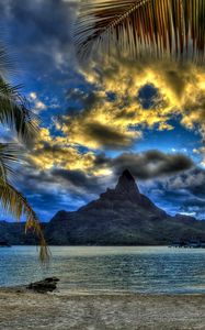 Preview wallpaper beach, sea, mountain, top, clouds, palm trees, sand, branches