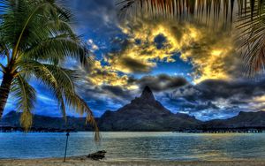 Preview wallpaper beach, sea, mountain, top, clouds, palm trees, sand, branches