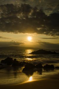 Preview wallpaper beach, sea, mountains, sun, sunset, landscape, dark
