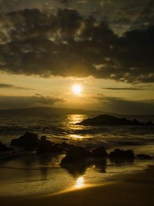 Preview wallpaper beach, sea, mountains, sun, sunset, landscape, dark