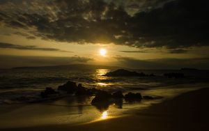 Preview wallpaper beach, sea, mountains, sun, sunset, landscape, dark