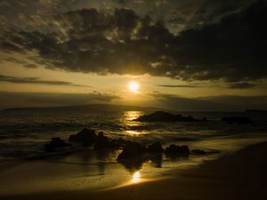 Preview wallpaper beach, sea, mountains, sun, sunset, landscape, dark