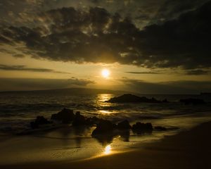 Preview wallpaper beach, sea, mountains, sun, sunset, landscape, dark