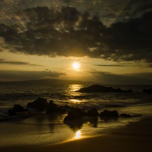 Preview wallpaper beach, sea, mountains, sun, sunset, landscape, dark