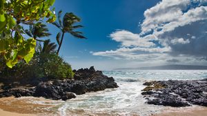 Preview wallpaper beach, sea, palm trees, island, tropics, summer