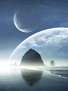 Preview wallpaper beach, sea, rocks, planets, light, landscape