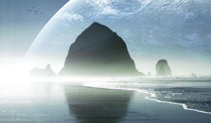 Preview wallpaper beach, sea, rocks, planets, light, landscape